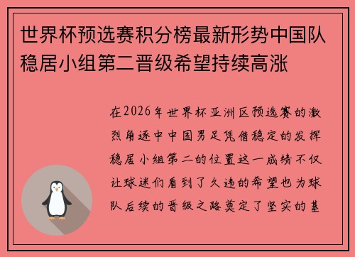 世界杯预选赛积分榜最新形势中国队稳居小组第二晋级希望持续高涨 世界杯预选赛积分榜最新形势中国队稳居小组第二晋级希望持续高涨